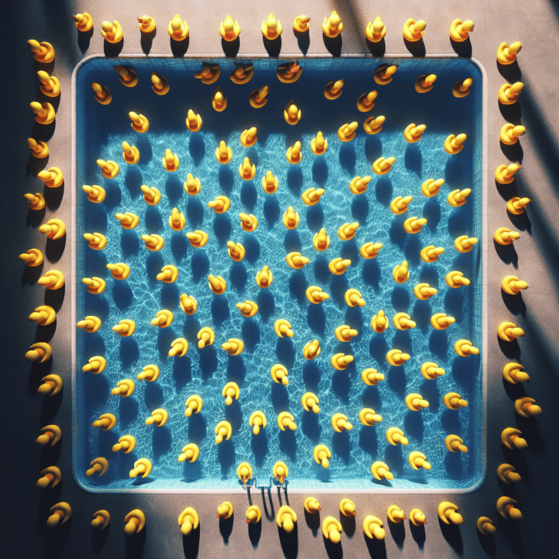 Abstract top-down view of a pool with rubber ducks casting multiple overlapping shadows in different directions