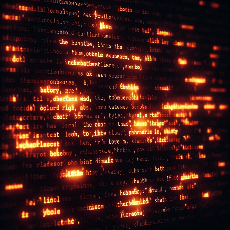 Dark browser window showing a glowing text passage with words lit in orange intensity gradients