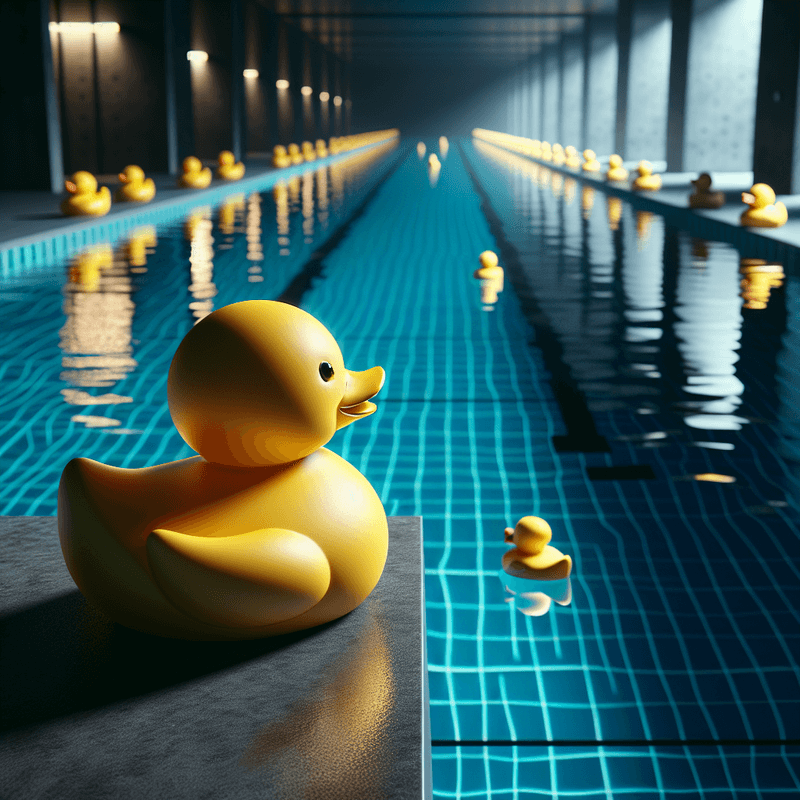 Rubber duck at the edge of a pool, facing into the water as if ready to retrieve