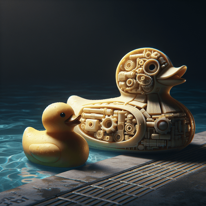 Technical diagram aesthetic: two rubber ducks side by side, one large and complex with visible mechanical parts, one small and simple and clean